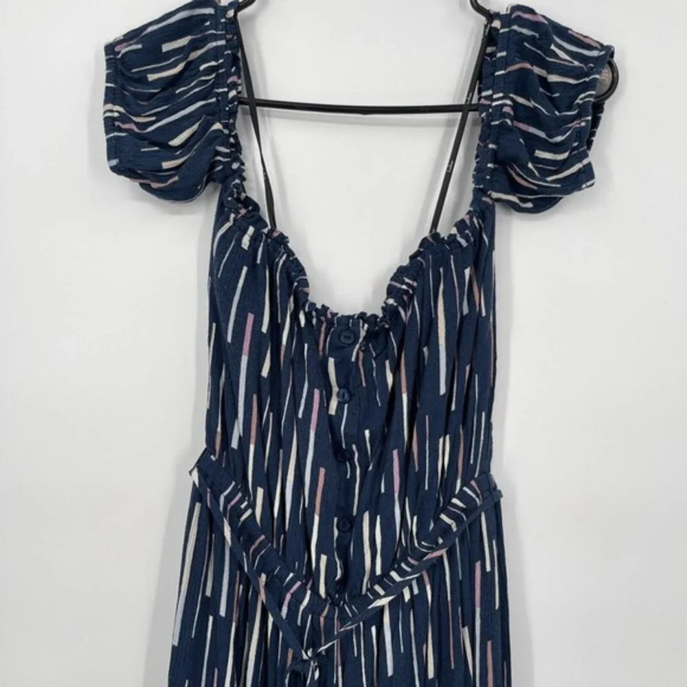 Lulus Navy Stripe Off Shoulder Cropped‎ Jumpsuit Belted Wide Leg Size Medium